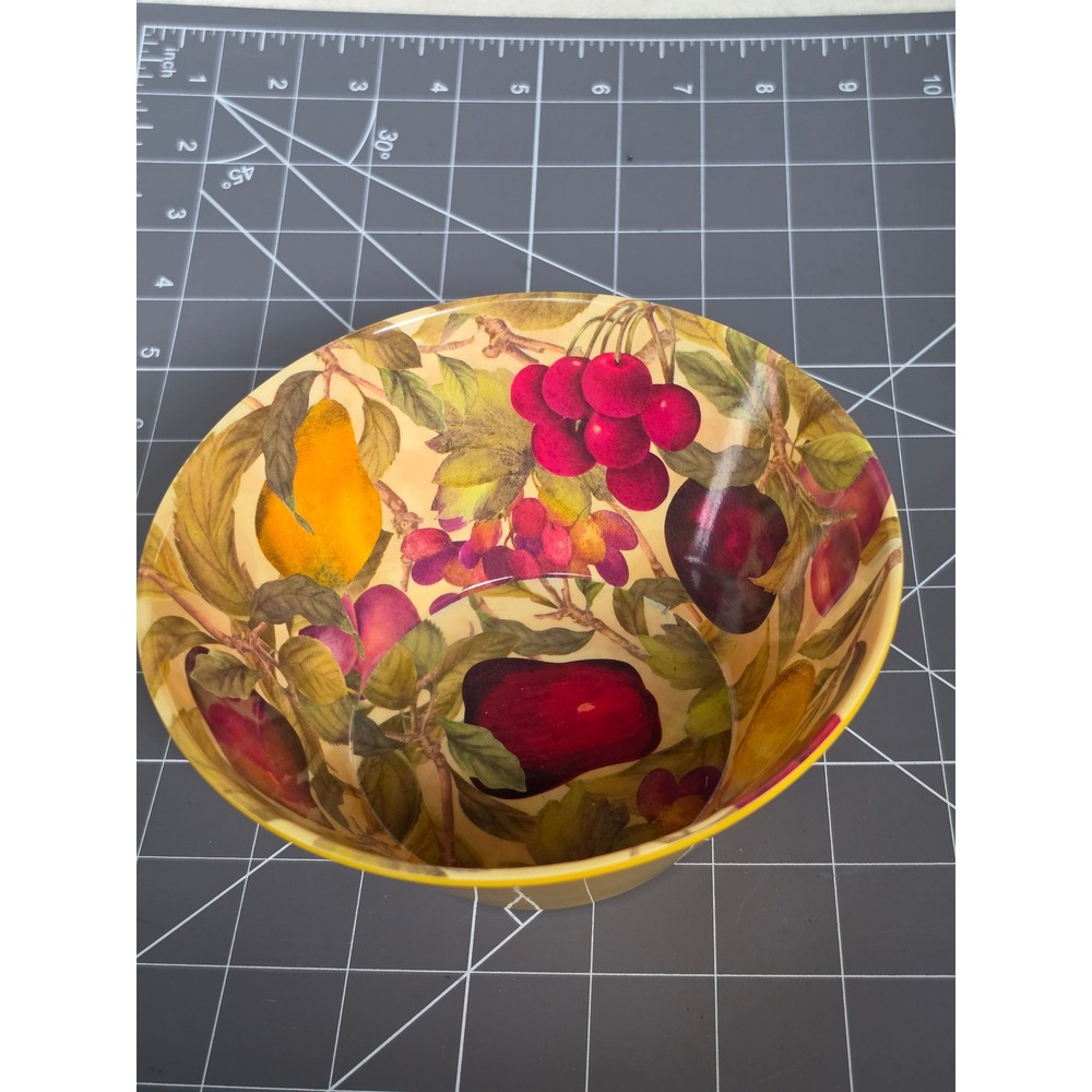Yellow Melamine Fruit Print Serving Bowl Cherries Pears Botanical Interior